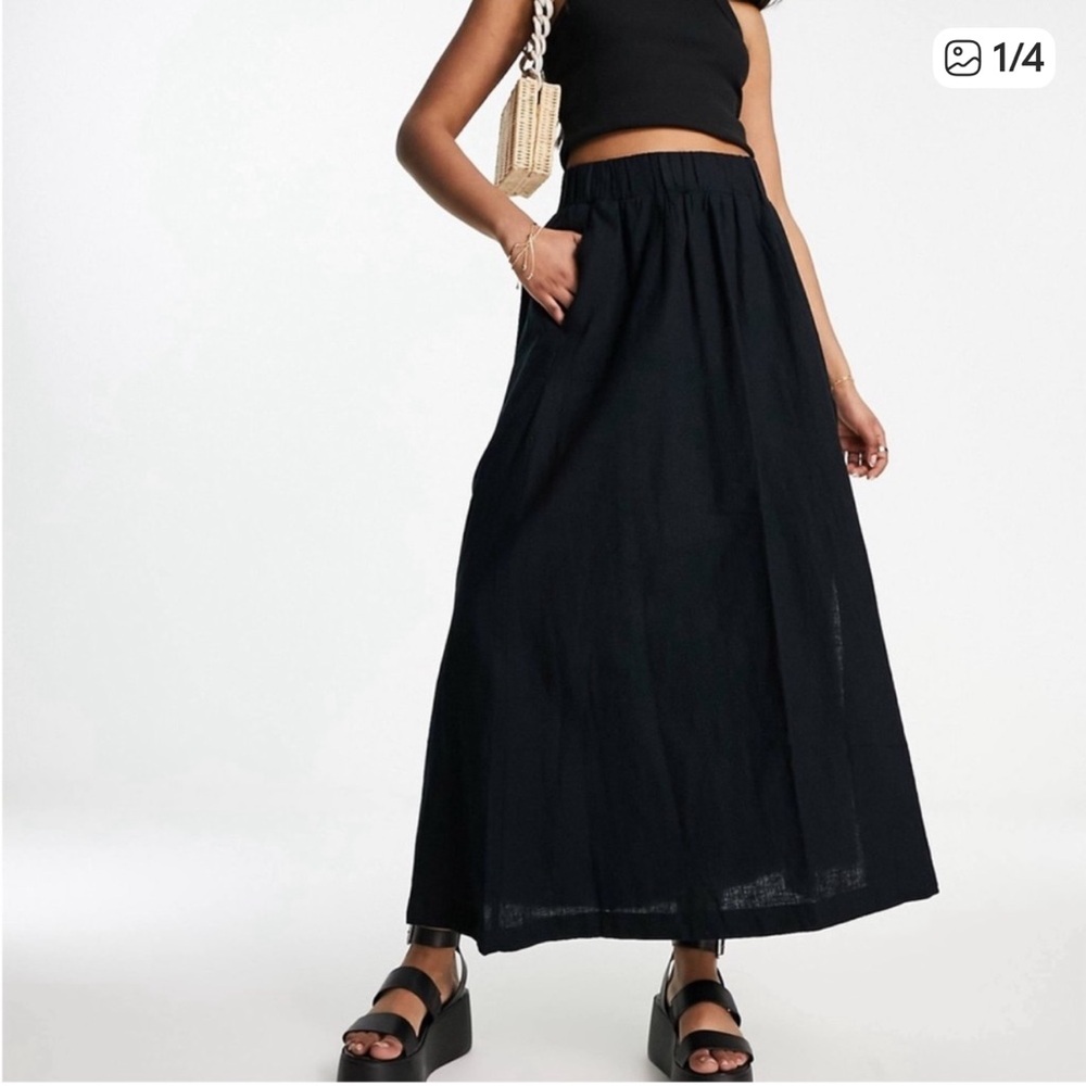 Abercrombie & Fitch Linen/Cotton Blend Midi Side Slit Pull On Black Skirt, XLP